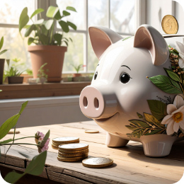 Firefly_Une tirelire en forme de cochon est composée de feuilles et de fleurs en 3D. On aperç 475410