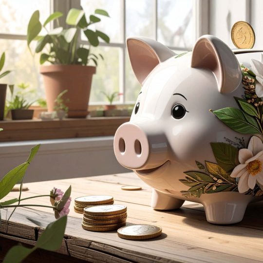 Firefly_Une tirelire en forme de cochon est composée de feuilles et de fleurs en 3D. On aperç 475410