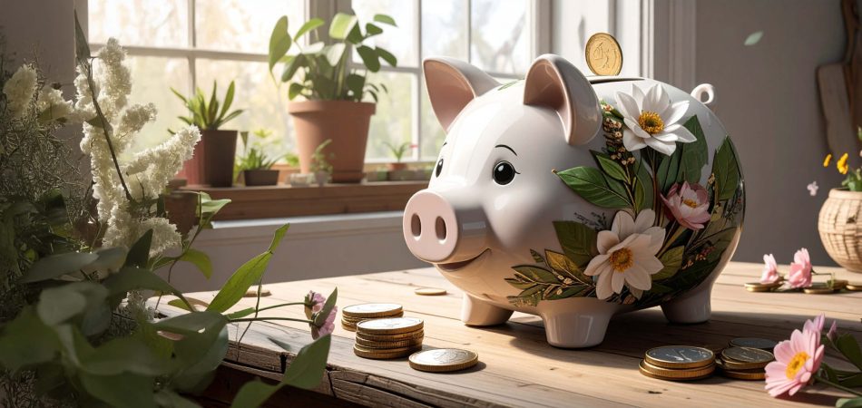 Firefly_Une tirelire en forme de cochon est composée de feuilles et de fleurs en 3D. On aperç 475410